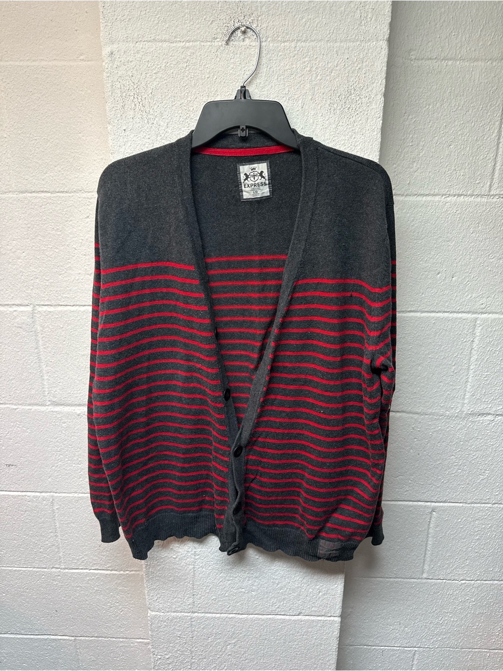 Express Men's Charcoal and Red Striped Button-Up Cardigan